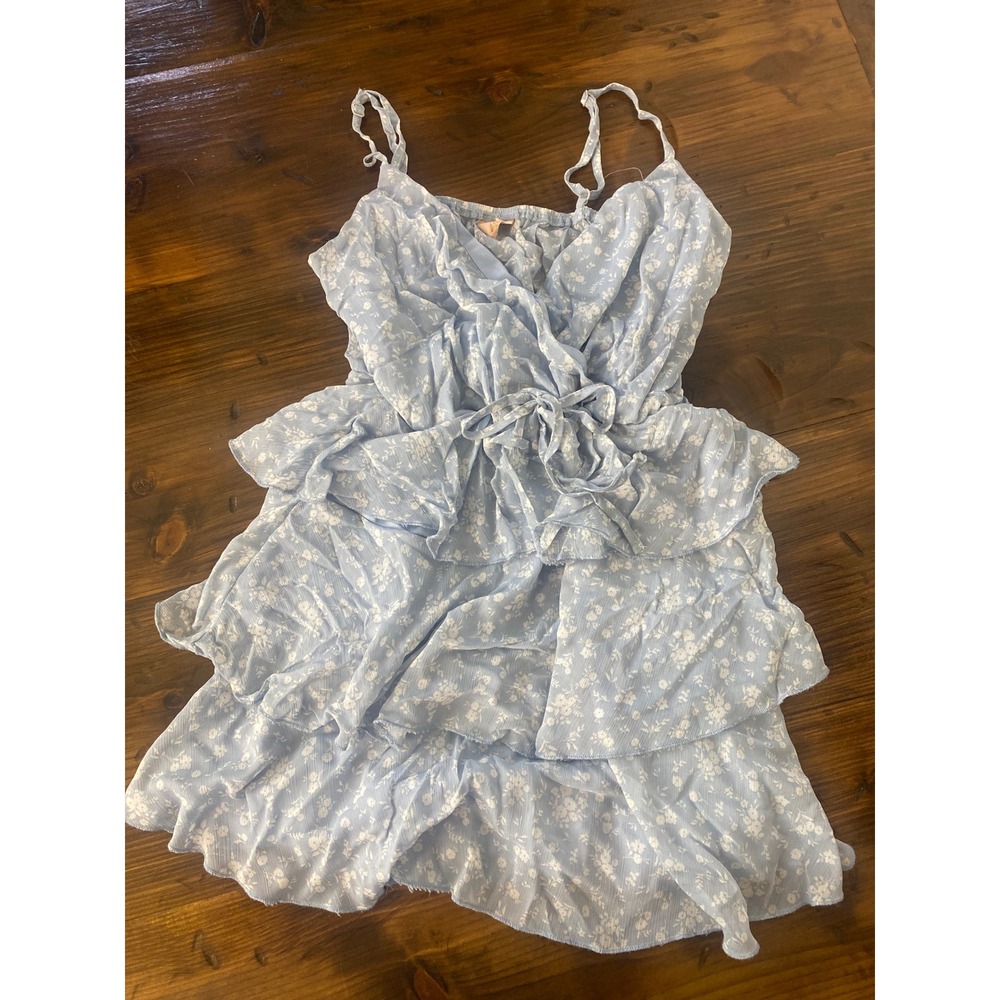 Light Blue Floral Ruffle Tiered Mini Dress Adjustable Straps Size M SKU G117
